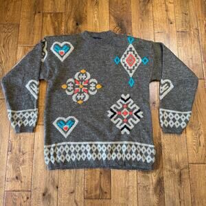 VTG 90s David Brett Abstract Sweater Sz L Acrylic Retro Shapes Taupe Brown